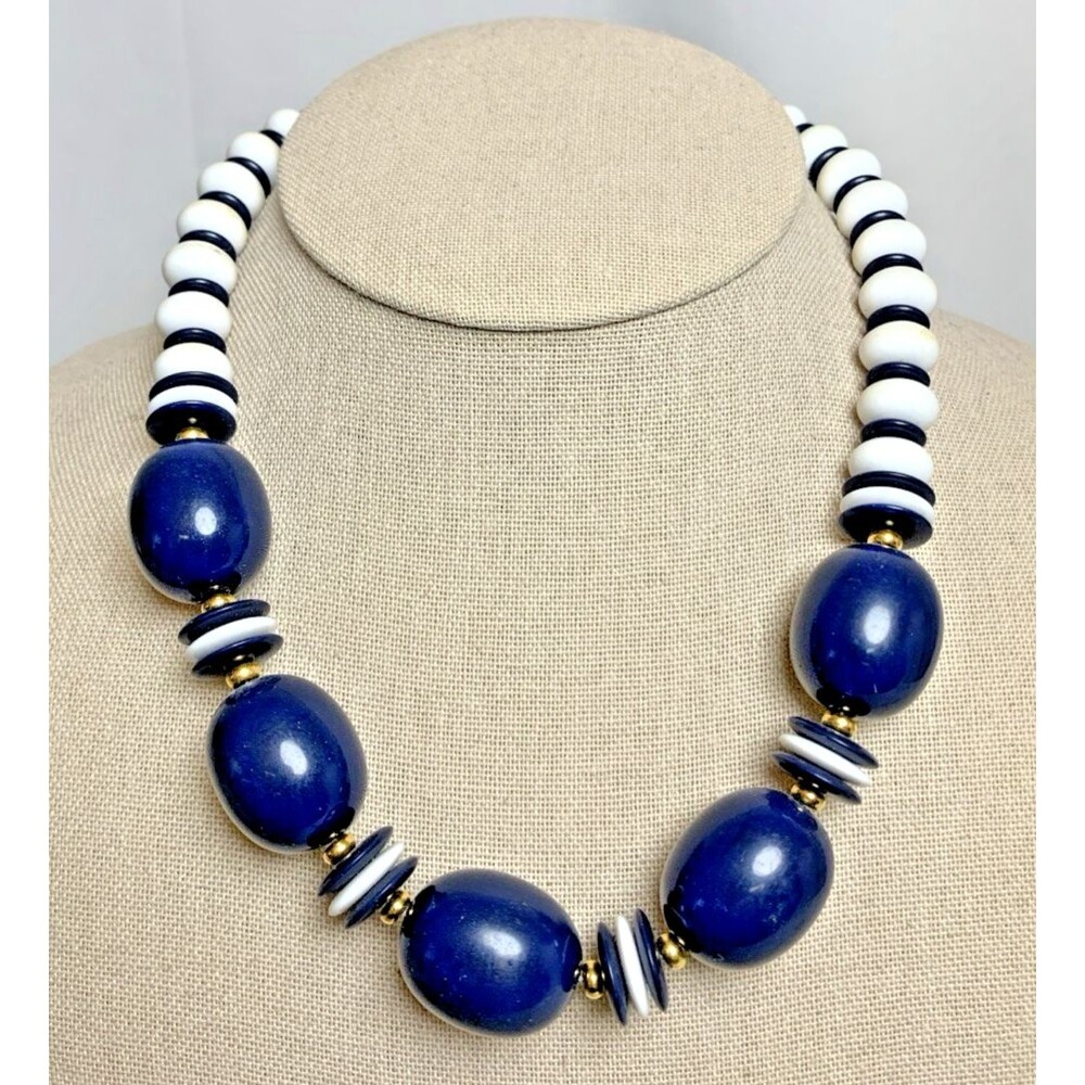 Vintage Monet Blue White Beaded Necklace Nautical Mod Statement 17”
